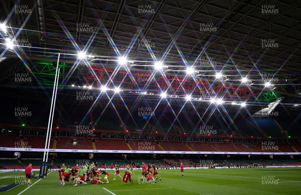 110426 - Wales v Scotland, Guinness Women’s 6 Nations -The Wales team warm up at the Principality Stadium