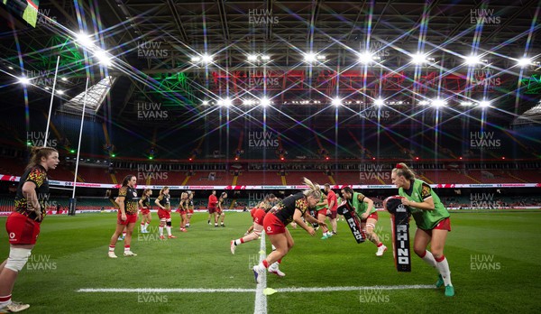 110426 - Wales v Scotland, Guinness Women’s 6 Nations -The Wales team warm up at the Principality Stadium