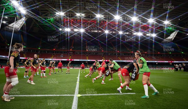 110426 - Wales v Scotland, Guinness Women’s 6 Nations -The Wales team warm up at the Principality Stadium