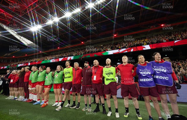 110426 - Wales v Scotland, Guinness Women’s 6 Nations - The Wales management team line up for the anthem 