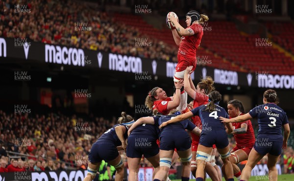 110426 - Wales v Scotland, Guinness Women’s 6 Nations - Bethan Lewis of Wales takes the line out ball