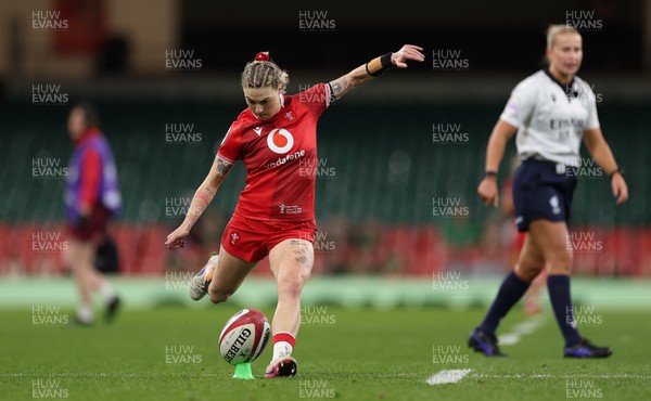 110426 - Wales v Scotland, Guinness Women’s 6 Nations - Keira Bevan of Wales kicks a conversion