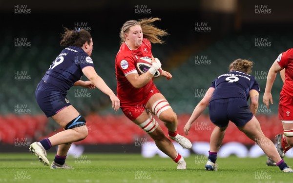 110426 - Wales v Scotland, Guinness Women’s 6 Nations - Alaw Pyrs of Wales takes on Holland Bogan of Scotland and Leia Brebner-Holden of Scotland 