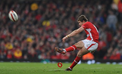 120212 - Wales v Scotland - RBS Six Nations 2012 -Leigh Halfpenny of Wales kicks at goal