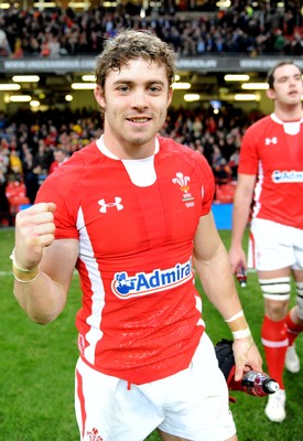 120212 - Wales v Scotland - RBS Six Nations 2012 -Leigh Halfpenny of Wales celebrates at the end of the game