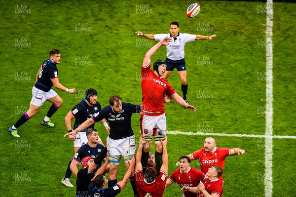 120222 - Wales v Scotland - Guinness Six Nations Championship - Adam Beard of Wales tips the ball back from the line out