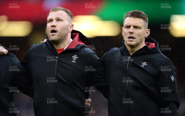 120222 - Wales v Scotland - Guinness Six Nations - Ross Moriarty and Dan Biggar during the anthems