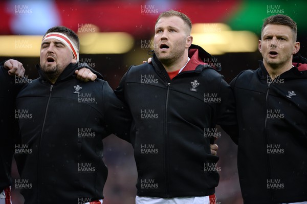 120222 - Wales v Scotland - Guinness Six Nations - Wyn Jones, Ross Moriarty and Dan Biggar during the anthems