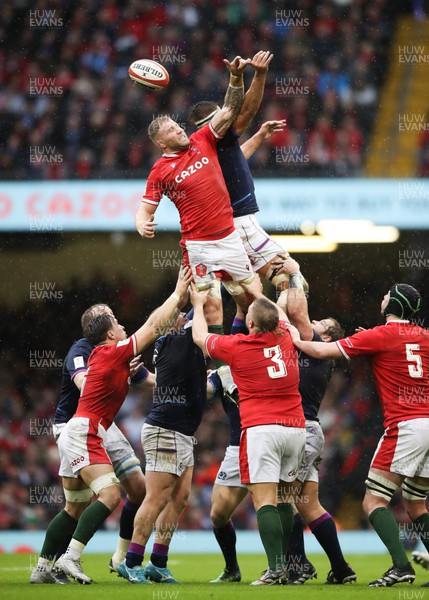 120222 - Wales v Scotland 2022 Guinness Six Nations - Ross Moriarty of Wales looks to win the line out