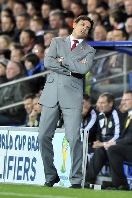 121012 - Wales v Scotland - FIFA 2014 World Cup Qualifying Campaign - Chris Coleman, manager of Wales reacts