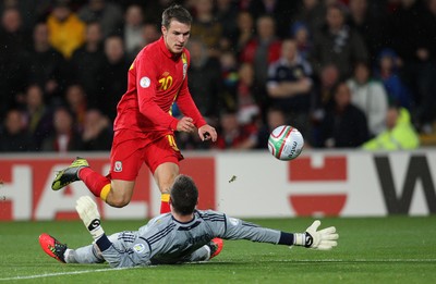 121012 - Wales v Scotland,  FIFA 2014 World Cup Qualifier -Wales' Aaron Ramsey fails to find the net after putting the ball past Scotland's Allan McGregor