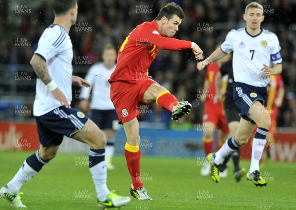121012 - Wales v Scotland - FIFA 2014 World Cup Qualifying Campaign - Gareth Bale of Wales shoots at goal