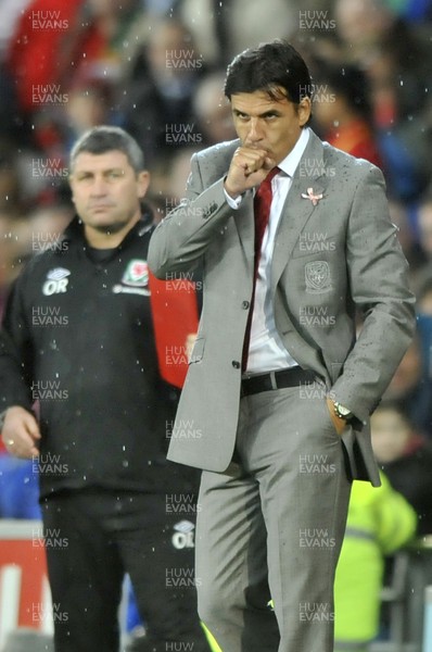 121012 - Wales v Scotland - FIFA 2014 World Cup Qualifying Campaign - Chris Coleman, manager of Wales reacts 