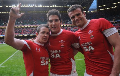 13.02.10 - Wales v Scotland - RBS Six Nations 2010 - Shane Williams, James Hook and Jamie Roberts of Wales celebrate win. 