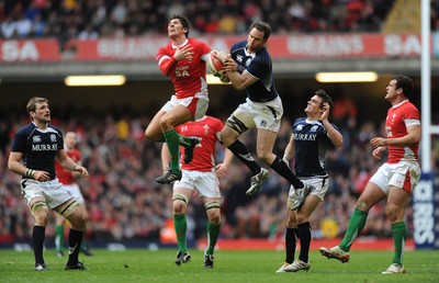 13.02.10 - Wales v Scotland - RBS Six Nations 2010 - James Hook of Wales competes for high ball Graeme Morrison of Scotland. 