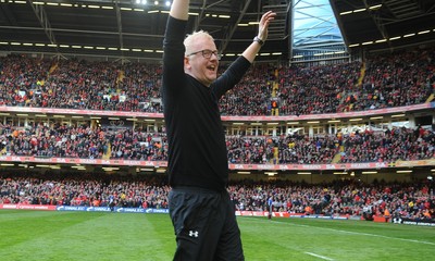 13.02.10 - Wales v Scotland - RBS Six Nations 2010 - BBC Radio 2 breakfast show presenter Chris Evans celebrates his first kick during half time. 