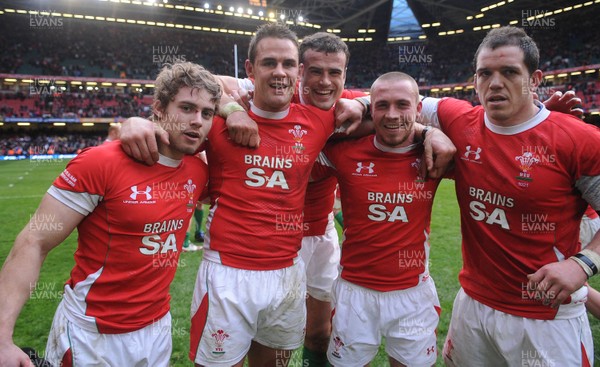 13.02.10 - Wales v Scotland - RBS Six Nations 2010 - Leigh Halfpenny, Lee Byrne, Jamie Roberts, Richie Rees and Paul James of Wales celebrate win. 