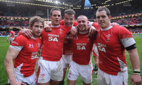 13.02.10 - Wales v Scotland - RBS Six Nations 2010 - Leigh Halfpenny, Lee Byrne, Jamie Roberts, Richie Rees and Paul James of Wales celebrate win. 