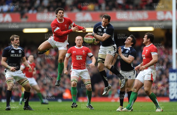 13.02.10 - Wales v Scotland - RBS Six Nations 2010 - James Hook of Wales competes for high ball Graeme Morrison of Scotland. 