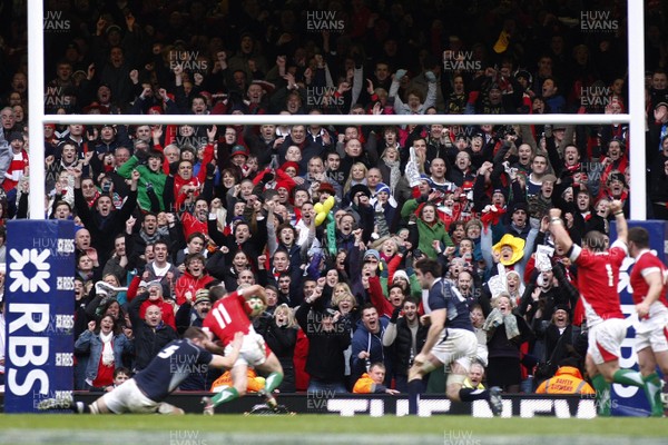 13.02.10 Wales v Scotland - RBS 6 Nations -  Wales supporters celebrate as Shane Williams(11) dives over in injury time to sneak an undeserved win. 