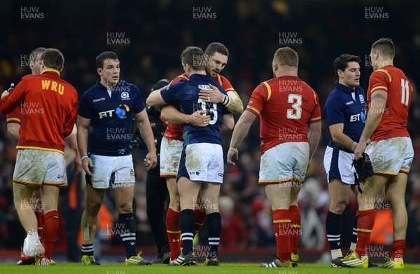 130216 - Wales v Scotland - RBS 6 Nations 2016 -George North of Wales and Mark Bennett of Scotland at the end of the game