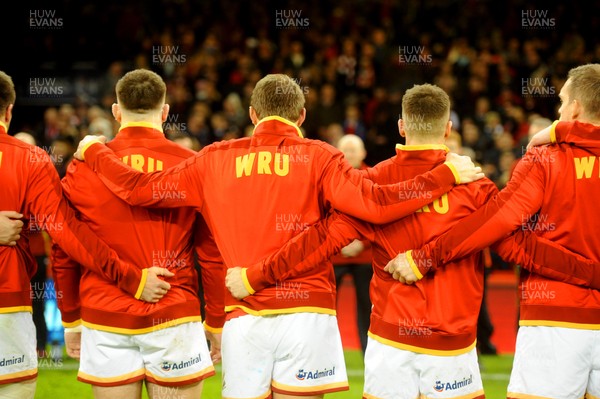 130216 - Wales v Scotland - RBS 6 Nations 2016 -Wales players during the national anthems