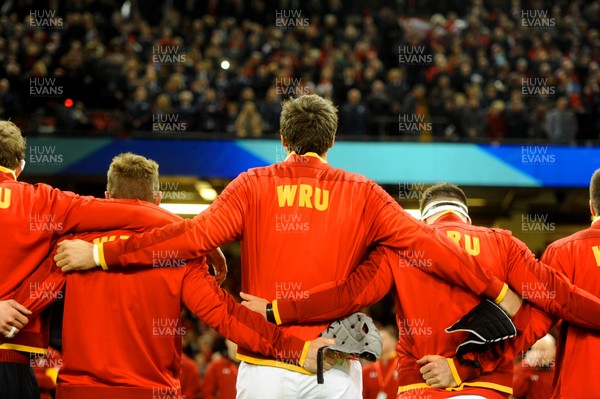 130216 - Wales v Scotland - RBS 6 Nations 2016 -Wales players during the national anthems