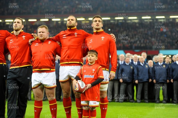 130216 - Wales v Scotland - RBS 6 Nations 2016 -George North, Samson Lee, Jamie Roberts, Sam Warburton and Mascot during the national anthems