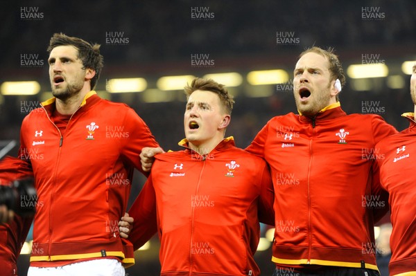 130216 - Wales v Scotland - RBS 6 Nations 2016 -Luke Charteris, Jonathan Davies and Alun Wyn Jones during the national anthems