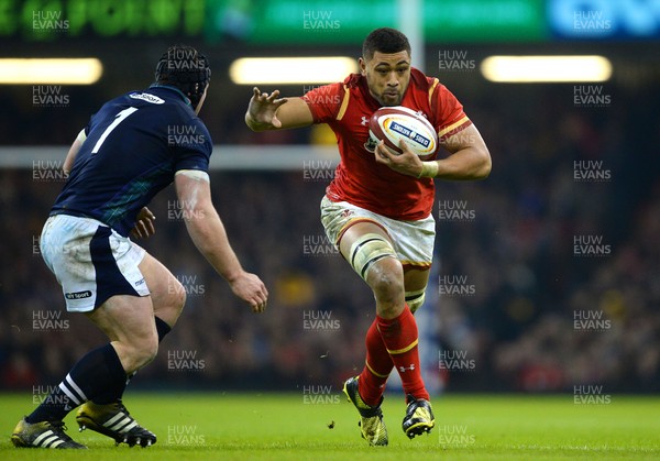 130216 - Wales v Scotland - RBS 6 Nations 2016 -Taulupe Faletau of Wales is tackled by Alasdair Dickinson of Scotland