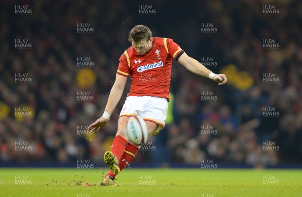 130216 - Wales v Scotland - RBS 6 Nations 2016 -Dan Biggar of Wales kicks at goal