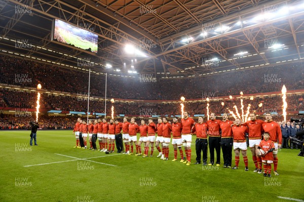 130216 - Wales v Scotland - RBS 6 Nations 2016 -Wales players line up for the anthems