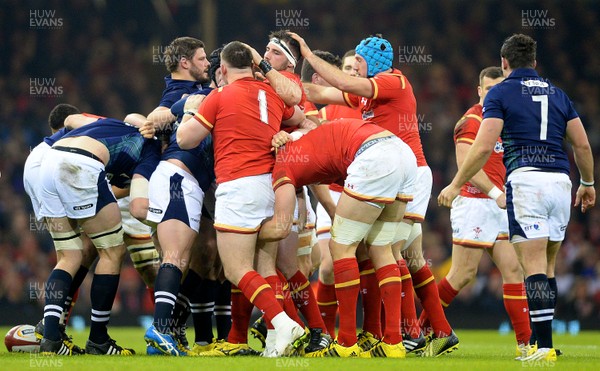 130216 - Wales v Scotland - RBS 6 Nations 2016 -Wales players celebrate a good scrum