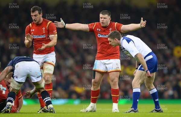 130216 - Wales v Scotland - RBS 6 Nations 2016 -Sam Warburton and Rob Evans of Wales with Referee George Clancy