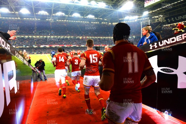 130216 - Wales v Scotland - RBS 6 Nations 2016 -George North, Samson Lee, Liam Williams and Tom James of Wales run out