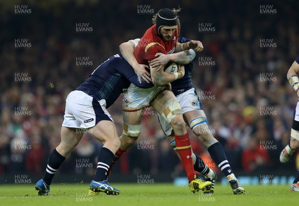 130216 - Wales v Scotland - RBS 6 Nations 2016 - Luke Charteris of Wales is tackled by Willem Nel and Jonny Gray of Scotland