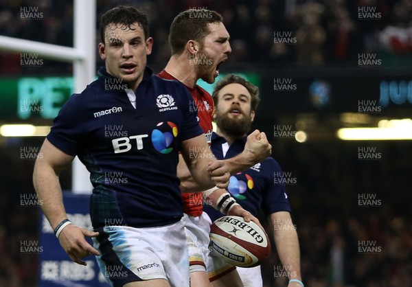 130216 - Wales v Scotland - RBS 6 Nations 2016 - George North of Wales celebrates scoring a try