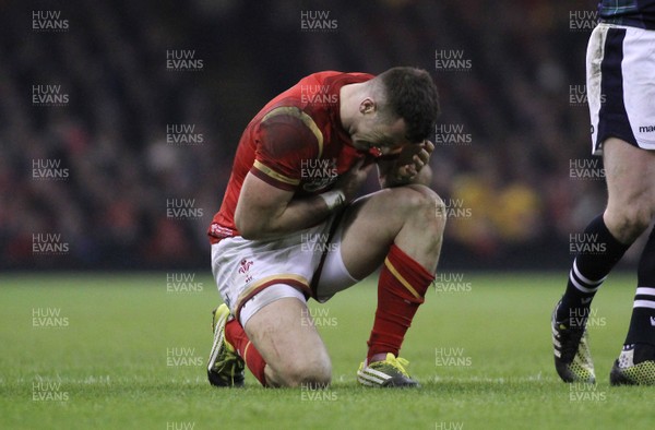 130216 - Wales v Scotland - RBS 6 Nations -Gareth Davies of Wales takes a knock