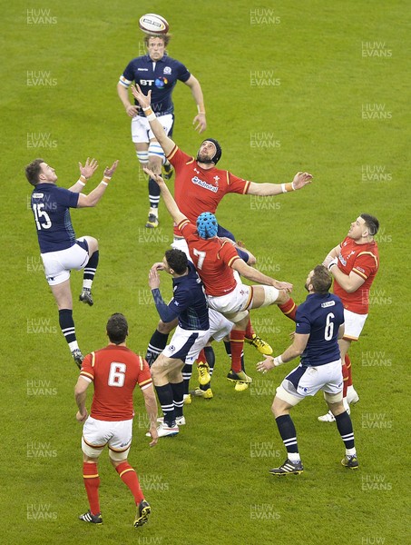 130216 - Wales v Scotland - RBS 6 Nations 2016 - Tom James and Justin Tipuric compete with Stuart Hogg for the high ball