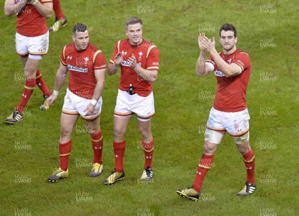 130216 - Wales v Scotland - RBS 6 Nations 2016 - Gareth Davies, Gareth Anscombe and Sam Warburton thank the fans after the match