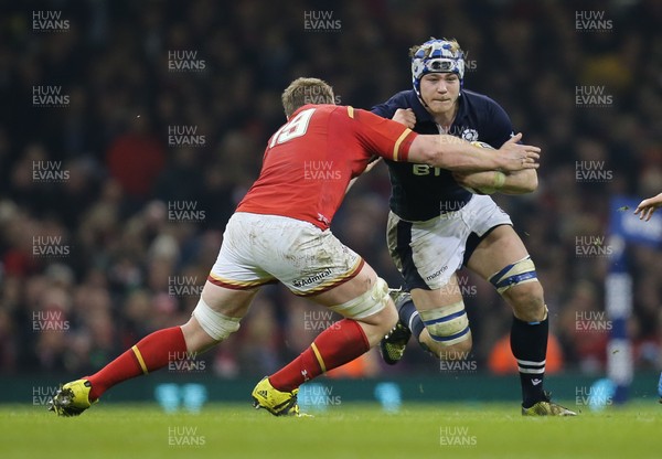 130216 - Wales v Scotland, RBS 6 Nations 2016 - David Denton of Scotland takes on Bradley Davies of Wales