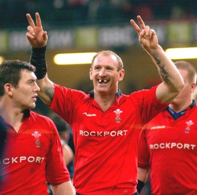 14.02.04 - RBS 6 Nations - Wales v Scotland Gareth Thomas celebrates as he leaves the field after Wales' win  