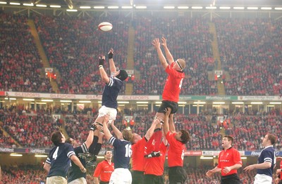 14.02.04  Wales v Scotland  Staurat Grimes and Brent Cockbain compete for lineout ball  