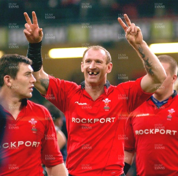 14.02.04 - RBS 6 Nations - Wales v Scotland Gareth Thomas celebrates as he leaves the field after Wales' win  