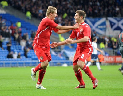14.11.09 - International Football Friendly, Wales v Scotland Wales' David Edwards (L) celebrates with  Ched Evans after scoring goal 