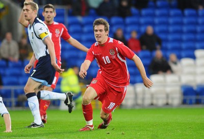 14.11.09 - International Football Friendly, Wales v Scotland Wales' Aaron Ramsey celebrates after scoring his sides third goal 