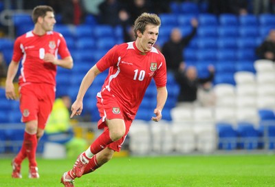 14.11.09 - International Football Friendly, Wales v Scotland Wales' Aaron Ramsey celebrates after scoring his sides third goal 