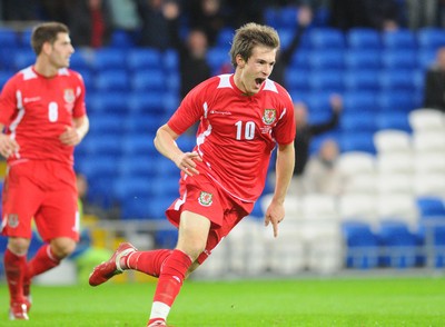 14.11.09 - International Football Friendly, Wales v Scotland Wales' Aaron Ramsey celebrates after scoring his sides third goal 
