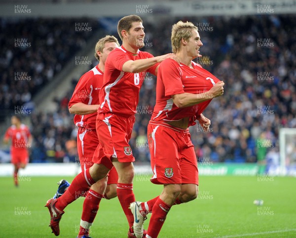 14.11.09 - International Football Friendly, Wales v Scotland Wales' David Edwards (R) celebrates with  Ched Evans after scoring goal 