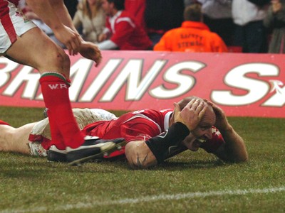 12.02.06  Wales v Scotland  Gareth Thomas celebrates his second try.  